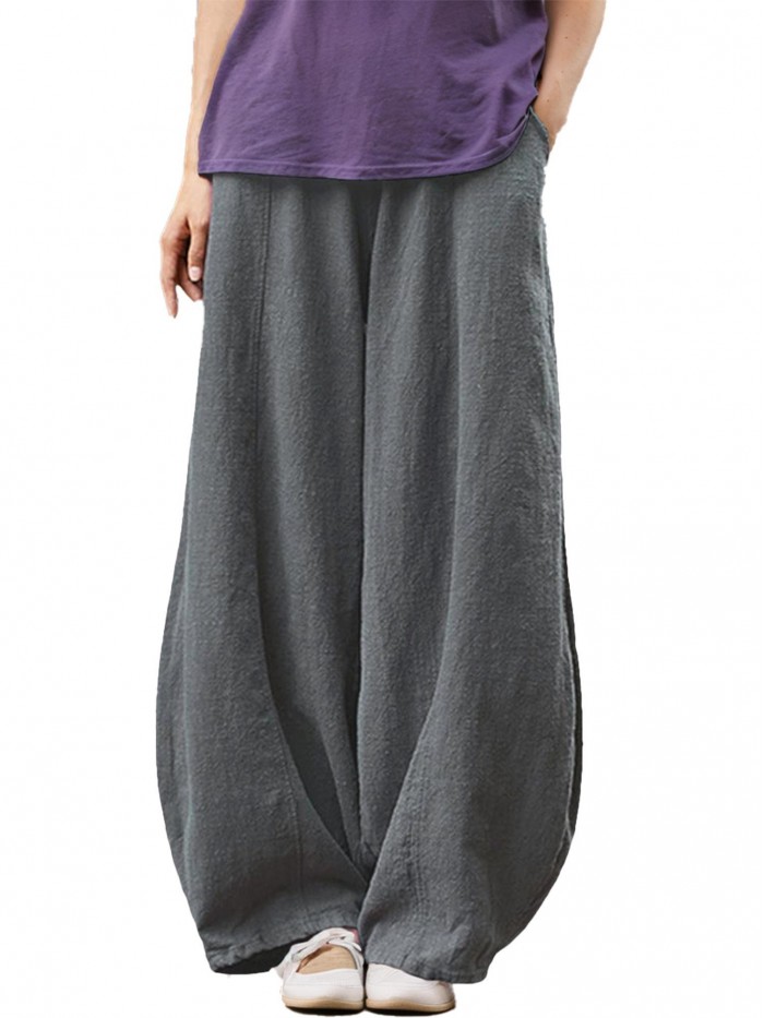 Weardear Womens Cotton Linen Pants Wide Leg Baggy Pants with Side Pockets Elastic Waist Relax Fit Lantern Trousers