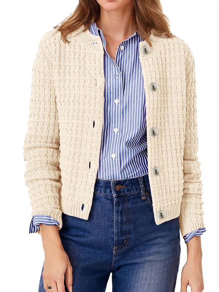 Weardear Cardigan Sweaters for Women Lightweight Fall Long Sleeve Crewneck Sweaters Dressy Casual Soft Open Front Cable Knit Cardigans