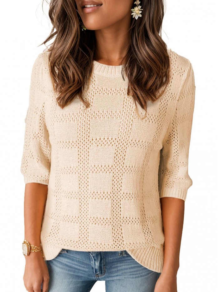 Weardear Womens Summer 3/4 Sleeve Tops Loose Lightweight Crochet Crewneck Sweater Blouses Casual Tunic Knit Tops